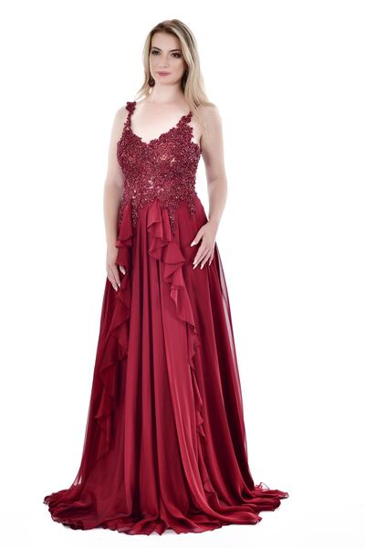 Kulis Bordo Askılı V Yaka Taşlı Volanlı Fransız Şifon Abiye & Mezuniyet Elbisesi