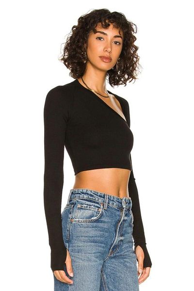 Zagrep Women's Black Collar Detailed Finger Snap Silk Jersey Crop Top