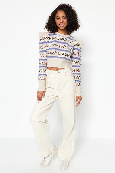 Trendyol Collection Steinfarbener Strickpullover mit Rundhalsausschnitt und selbstgemustertem Muster TWOAW24KZ00211