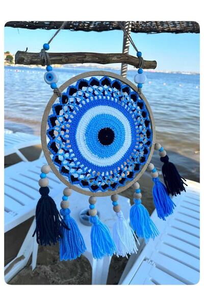 moneta boutique Gümüşlük Turkuaz Beyaz Balkon Nazarlık Makrome Mandala Düş Ko...