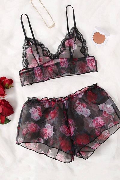 PEMBİŞ HOMEWEAR Nova Flower Chiffon Shorts Set