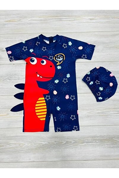 Boys Short Sleeve Full Body Sunscreen Bonnet Swimwear -Sweet Dino Themed Baby Boy Swimwear
