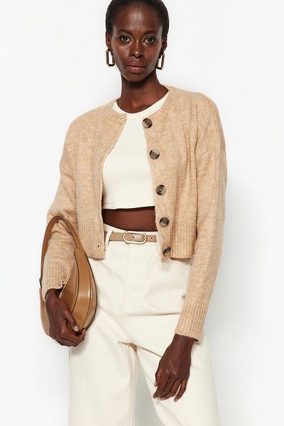 Trendyol Collection Měkká texturovaná béžová pletenina - zapínání, Twoaw24Hi00198