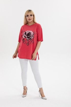 Maxi dol Kad n Buyuk Beden Pamuklu Kuma Y rtmacl Basic T shirt Fiyat Yorumlar Trendyol