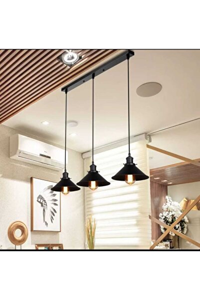 Dylight Retro Metal Siyah Sıralı Üçlü Sarkıt Avize Genişlik:60cm