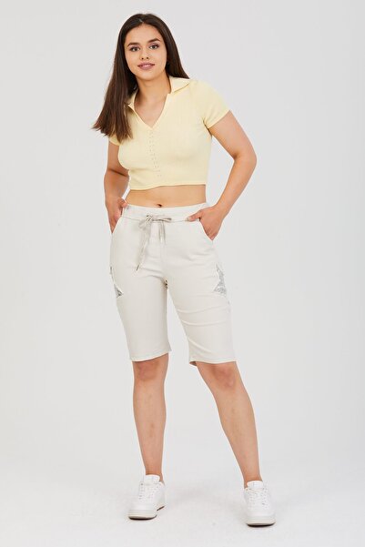 AYASOFYA OTANTIK Women's Italian Beige Star Sequin Sequin Patched Lycra Bermuda Shorts