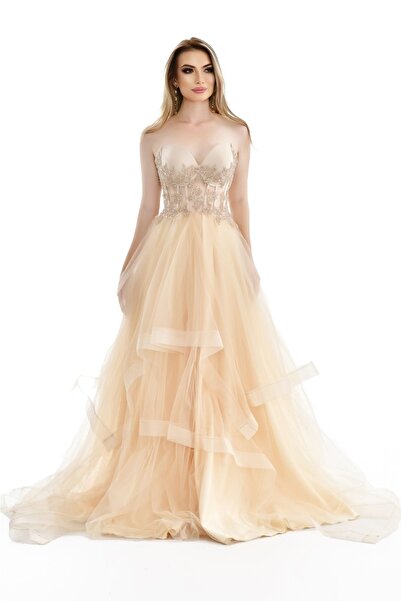 Kulis Gold Straplez Balenli Taşlı Etekleri Katlı Prenses Model Tül Abiye