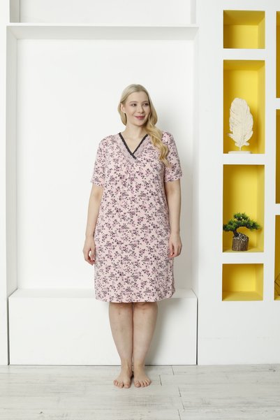 Lagertha by İntensive Pink Patterned Lace Short Sleeve Lycra Viscose Large Size Nightgown