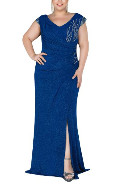 Arden Büyük Beden Uzun Abiye Simli Taş Detay Kruvaze, V Yaka Uzun Elbise, Şık...