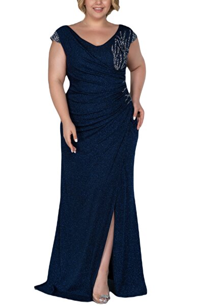 Arden Büyük Beden Uzun Abiye Simli Taş Detay Kruvaze, V Yaka Uzun Elbise, Şık...