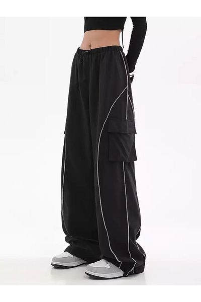 Köstebek Baggy Y2K Black Elastic Jogger Pants with White Stripe Detail Cargo Pocket