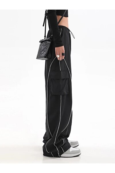 Köstebek Black Elastic Jogger Pants with White Stripe Detail Cargo Pockets