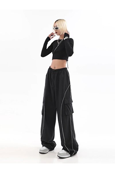 Köstebek Black Elastic Jogger Pants with White Stripe Detail Cargo Pockets