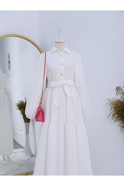 Modamorfo Bürümcük Fabric Belted Half Button Dress