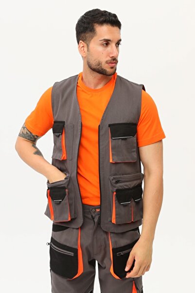 Uniprom İş Yeleği Lizbon Model Çok Cepli Harman Kumaş Füme