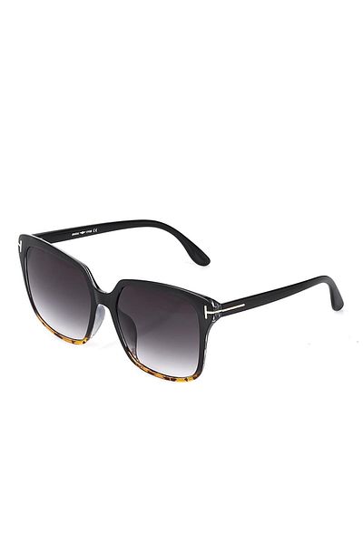 Angel Eyes Women's Sunglasses Wide Square Design Leopard Detailed Black Frame Black Glass