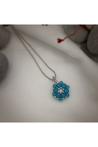 Sam AçıkMavi-Gümüş Cevşen Kolye - Zincirli / El İşi Kristal Boncuk Örme