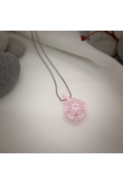 Sam TozPembe-Pembe Cevşen Kolye - Zincirli / El İşi Kristal Boncuk Örme /