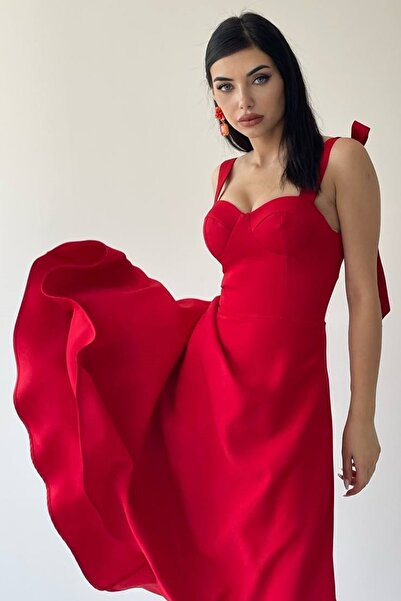 lovebox Atlas Fabric Chest Filled Lace Strap Midi Length Flared Cut Red Evening Dress 166