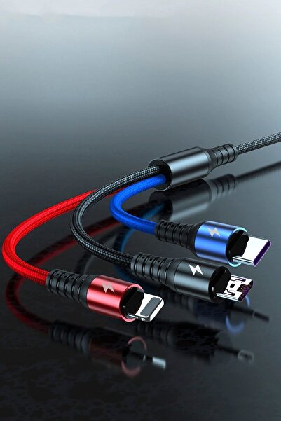 Soillium Xiaomi Huawei Samsung Iphone Uyumlu 3in1 Hasır Hızlı Şarj Kablosu Type-c Micro Usb Iphone Girişli