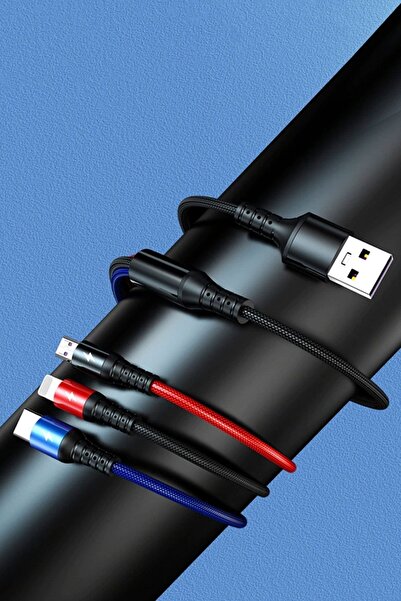 Soillium Xiaomi Huawei Samsung Iphone Uyumlu 3in1 Hasır Hızlı Şarj Kablosu Type-c Micro Usb Iphone Girişli