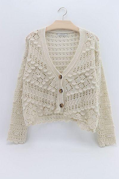 macharelbasic women's pompom detailed patterned seasonal summer buttoned cardigan cream