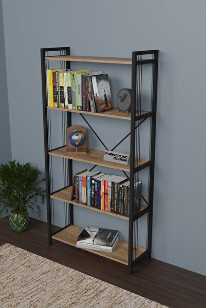 CMKStore Metal Kitaplık 5 Raflı 180 cm Telli Büyük Kitaplık Atlantik Çam