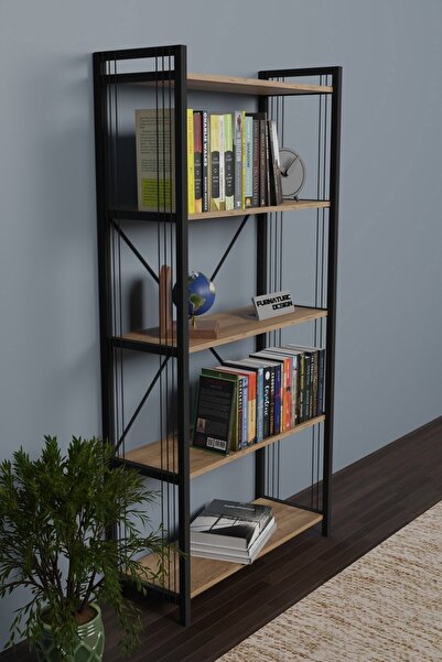 CMKStore Metal Kitaplık 5 Raflı 180 cm Telli Büyük Kitaplık Atlantik Çam
