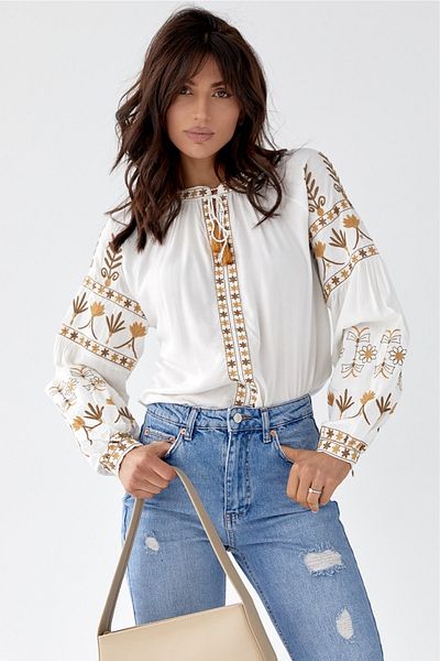 FEMELLE Women's New Season Tassel Detailed Bohemian Ethnic Pattern Embroidery Blouse