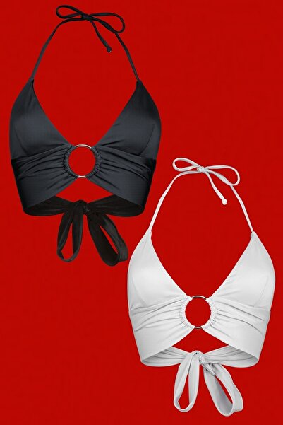 Transacoustic Siyah-beyaz 2'li Paket Çift Kat Tulumlu Halkalı Şık Crop Top Bü...