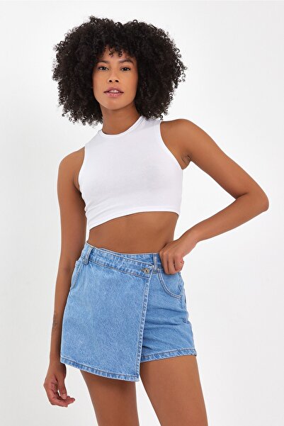 ASEDE Önü Düğmeli Kot Şort Etek