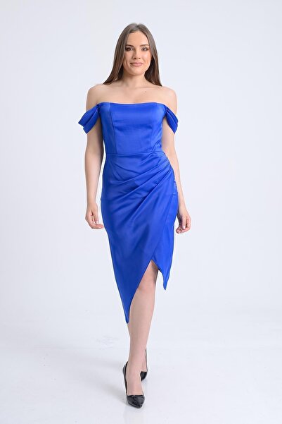 SpringStore Saks Düşük Omuz Saten Abiye Elbise