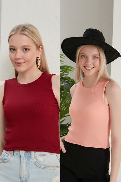 Seise Tekstil Γυναικεία μπλούζα με λαιμόκοψη με ραβδώσεις 2 συσκευασιών Crop