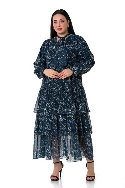 DISENTIS MODEST Φούστα Plus Size Layered Navy Blue White Floral επένδυση στο πάτωμα σιφόν φόρεμα