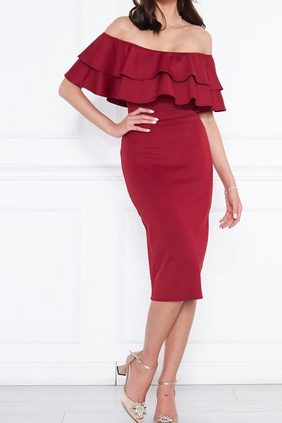 bayansepeti Flexible Diving Fabric Flounce Detailed Design Collar Midi Burgundy Pencil Evening Dress 164