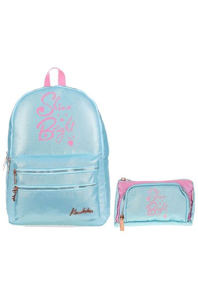 KAUKKO Turquoise Glitter Fabric Junior High School High School Bag and Pen Holder Set - Girl