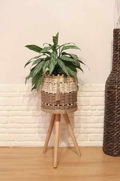 Monchi 36 cm Natural Beaded Jute Braid Wooden Wicker Basket - Flower Pot