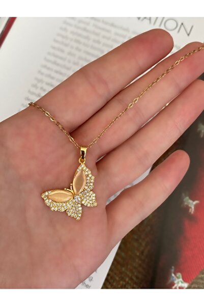 Pinery Jewels قلادة من الفولاذ المقاوم للصدأ على شكل فراشة وردية اللون مع حجر...