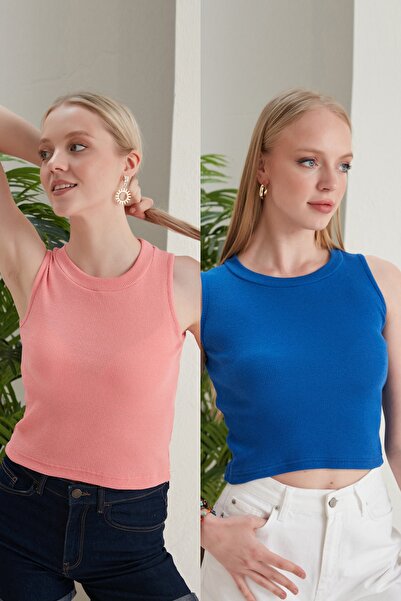 Seise Tekstil Γυναικεία μπλούζα με λαιμόκοψη με ραβδώσεις 2 συσκευασιών Crop