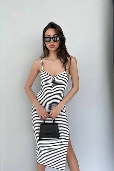 HARMONY GLOBAL Kadın Yazlık Siyah Çizgili Yırtmaçlı İnce İp Askılı Midi Boy Elbise