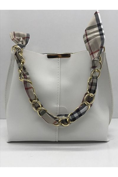 BAGTOPİA Geanta de dama din piele moale - cu esarfa, accesorii lant, 3 compartimente, pentru brat si umar