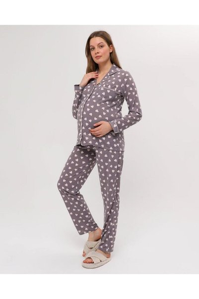 Nehir tekstil Front Buttoned Plus Size Combed Cotton Maternity Pajama Set