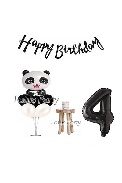 LOTUS PARTY Σετ για πάρτι γενεθλίων με θέμα Panda Age 4 Minimal Σετ με αλουμινόχαρτο Panda Αλουμινόχαρτο με μπαλόνι με μαύρο αριθμό