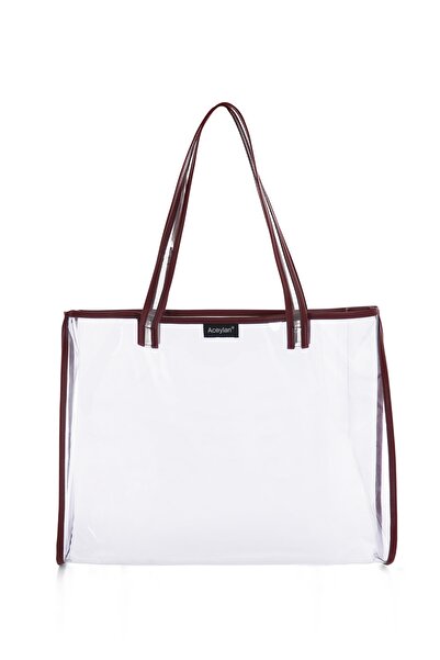 ACEYLAN Şeffaf Plaj Çantası/Bordo Detaylı