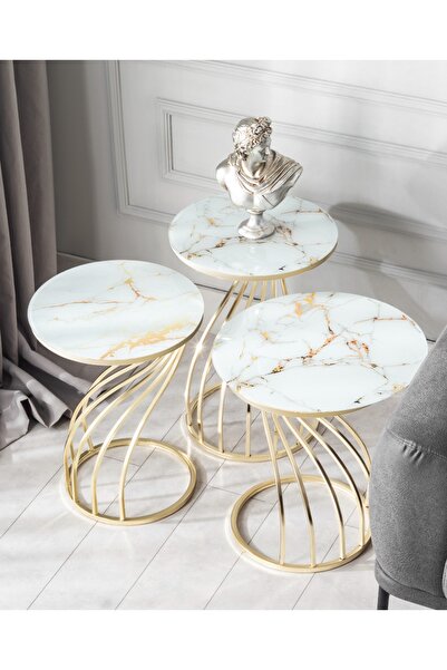 Tido Mobilya 3'lü Sehpa - Üçlü Zigon Sehpa - Krom Kuğu