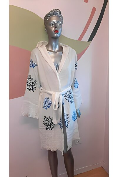 OZANHOM BASKILI Blue Mercan Desenli Müslin Bornoz