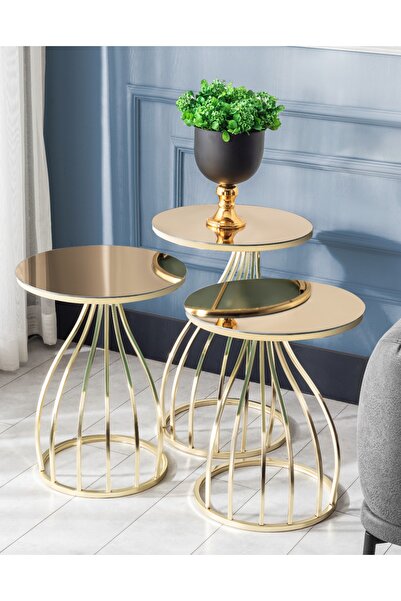 Tido Mobilya 3'lü Sehpa - Üçlü Zigon Sehpa - Gold Kuğu