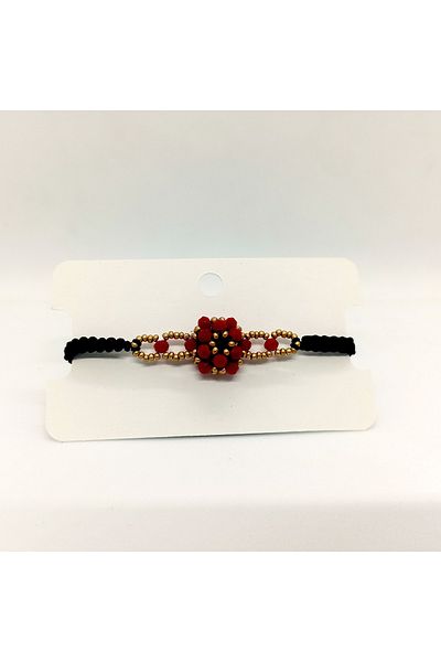 Sam Red-Yellow Cevşen Bracelet / Knitting Thread / Handcrafted Crystal Bead Knitted /