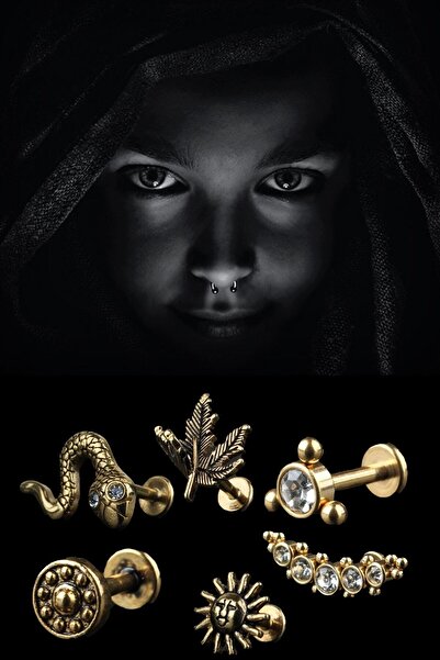 depozoom Cerrahi Çelik Kıkırdak Tragus Helix Labret 6'lı Set Piercing 6 Mm Gold