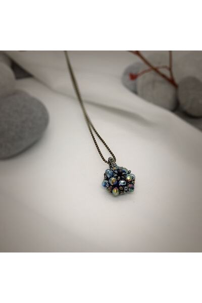 Sam Yeşil Cevşen Kolye - Zincirli / El İşi Kristal Boncuk Örme /